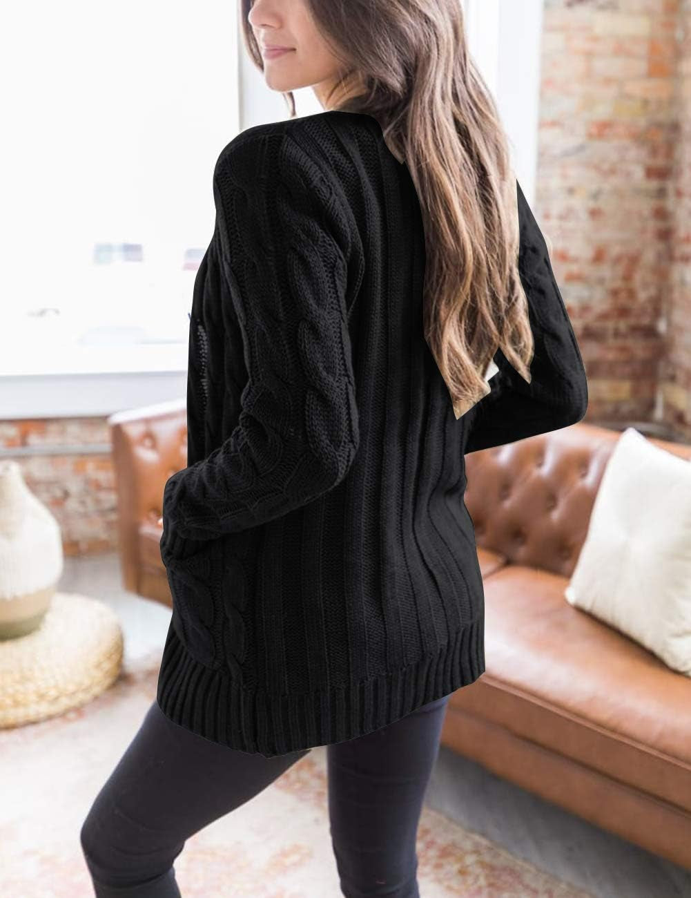 Women'S 2024 Fall Long Sleeve Cable Knit Sweater Open Front Cardigan Button Loose Outerwear