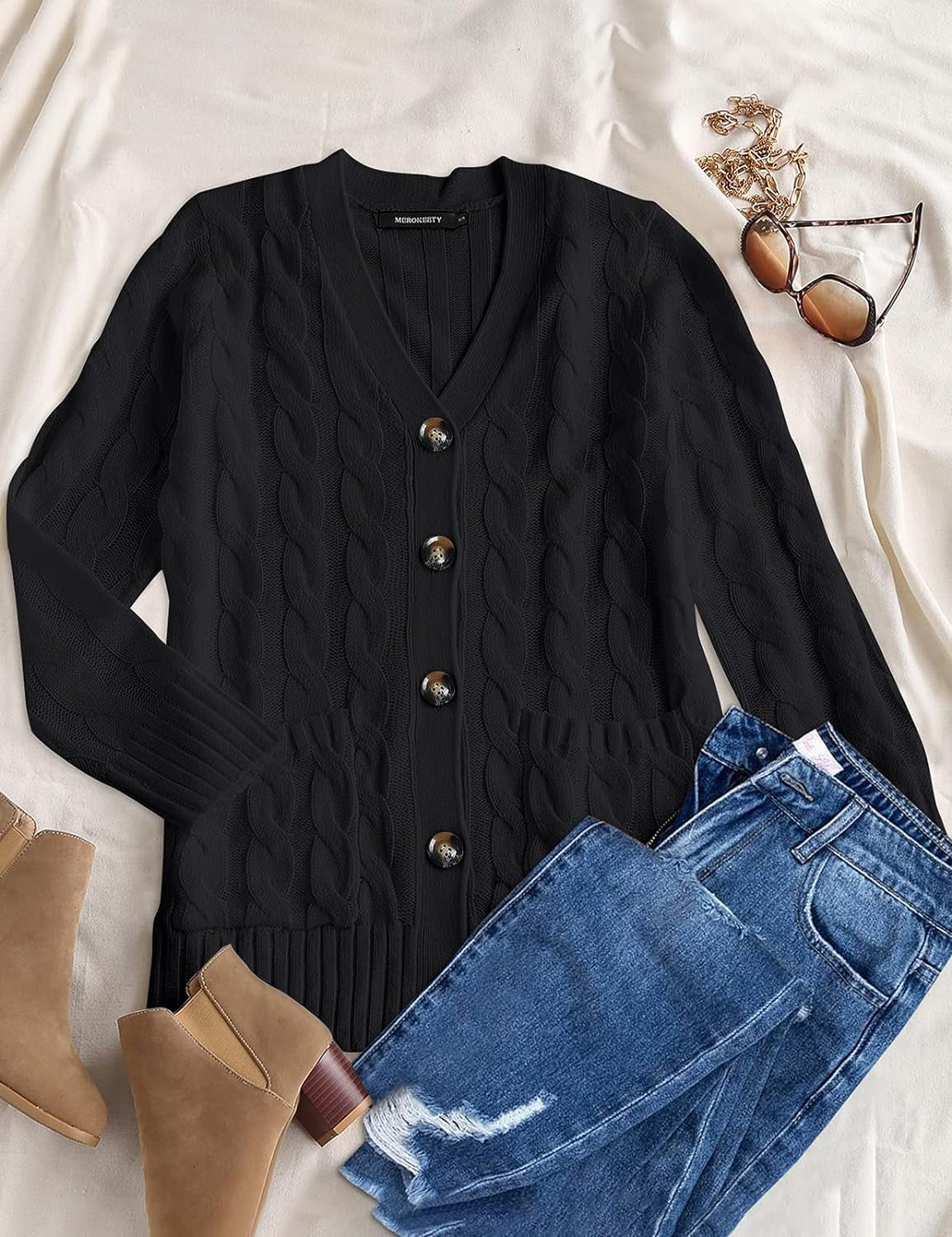 Women'S 2024 Fall Long Sleeve Cable Knit Sweater Open Front Cardigan Button Loose Outerwear